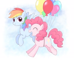 Size: 2048x1669 | Tagged: safe, artist:ginmaruxx, character:pinkie pie, character:rainbow dash, species:earth pony, species:pegasus, species:pony, g4, balloon, cute, duo, eyes closed, female, floating, mare, open mouth, profile, sky, then watch her balloons lift her up to the sky
