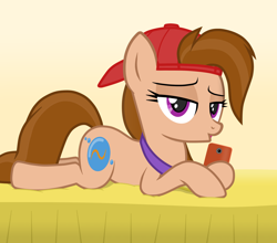Size: 2452x2162 | Tagged: safe, artist:chomakony, oc, oc only, oc:kiranne spell, species:earth pony, species:pony, g4, bed, bedroom eyes, cap, clothing, earth pony oc, female, gradient background, hat, jewelry, kissy face, lidded eyes, looking at you, lying down, mare, necklace, phone, show accurate, simple background, solo