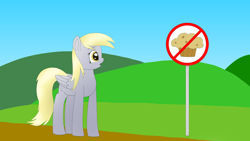 Size: 3840x2160 | Tagged: safe, artist:astralr, character:derpy hooves, species:pegasus, species:pony, g4, female, hill, mare, pure unfiltered evil, sign, sky, solo