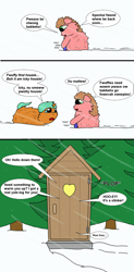 Size: 1360x2768 | Tagged: safe, artist:foxhoarder, g4, cold, comic, fluffy pony, fluffy pony foals, fluffy pony mother, implied pooping, outhouse, pine tree, snow, toilet, toilet humor, tree, warming up, winter