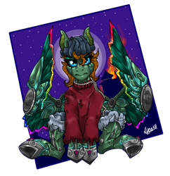 Size: 1088x1122 | Tagged: safe, artist:ghouleh, oc, oc only, oc:robin mug, species:pegasus, species:pony, g4, artificer, artificial wings, augmented, beanie, bird cage, canterlot, clothing, female, golem, grumpy, hanged man, hat, jeans, mare, mechanical wing, noose, pants, robot, scuffed, sitting, stained glass, sweater, tarot, urchin, wings