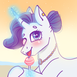 Size: 768x768 | Tagged: safe, artist:valkiria, character:rarity, species:pony, species:unicorn, g4, beach, blushing, candy, cute, ear piercing, earring, food, gem, glowing horn, happy, horn, jewelry, lollipop, looking at you, magic, necklace, piercing, smiling, tongue out