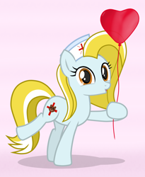 Size: 2752x3362 | Tagged: safe, artist:chomakony, oc, oc only, oc:nurse reisol, species:earth pony, species:pony, g4, balloon, clothing, cute, earth pony oc, female, hat, heart balloon, kissy face, looking at you, mare, nurse, nurse hat, orange eyes, raised hoof, show accurate, simple background, smiling, solo, teddy bear, weapons-grade cute