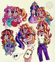 Size: 3081x3422 | Tagged: safe, artist:valeriamagicart, character:pinkie pie, character:sunset shimmer, character:twilight sparkle, character:twilight sparkle (scitwi), species:eqg human, ship:scitwishimmer, ship:sunsetpie, ship:sunsetsparkle, g4, my little pony:equestria girls, crown, female, human coloration, jewelry, lesbian, regalia, shipping, traditional art