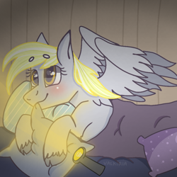 Size: 768x768 | Tagged: safe, artist:valkiria, character:derpy hooves, species:pegasus, species:pony, g4, bed, biting, blanket, blushing, cute, female, flashlight (object), lying down, pillow, simple background, smiling, solo