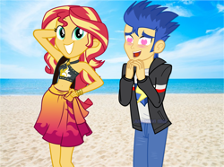 Size: 1280x950 | Tagged: safe, artist:supersamyoshi, character:flash sentry, character:sunset shimmer, ship:flashimmer, g4, my little pony:equestria girls, belly button, female, heart eyes, male, shipping, straight, wingding eyes