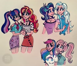 Size: 3670x3120 | Tagged: safe, artist:valeriamagicart, character:fluttershy, character:rainbow dash, character:starlight glimmer, character:sunset shimmer, character:trixie, character:twilight sparkle, character:twilight sparkle (scitwi), species:eqg human, g4, my little pony:equestria girls, clothing, female, holding hands, human coloration, looking at each other, ponytail