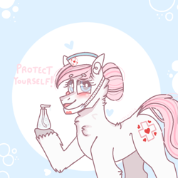 Size: 768x768 | Tagged: safe, artist:valkiria, character:nurse redheart, species:earth pony, species:pony, g4, blushing, clothing, coronavirus, cute, ear fluff, female, fluffy, hat, heart, looking at you, mask, nurse, open mouth, solo