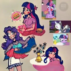Size: 2000x2000 | Tagged: safe, artist:valeriamagicart, character:rarity, character:twilight sparkle, character:twilight sparkle (alicorn), character:twilight sparkle (unicorn), species:alicorn, species:human, species:pony, species:unicorn, episode:fame and misfortune, episode:the ticket master, episode:twilight time, g4, my little pony: friendship is magic, burger, food, hay burger, humanized, marshmelodrama, mascarity, messy eating, messy hair, messy mane, rarity being rarity, scene interpretation, screencap reference, twilight burgkle, why i'm creating a gown darling
