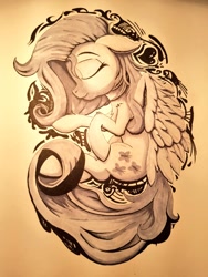 Size: 768x1024 | Tagged: safe, artist:sigilponies, character:fluttershy, species:pegasus, species:pony, g4, chest fluff, curled up, eyes closed, female, floppy ears, hoof fluff, mare, on side, profile, shoulder fluff, smiling, solo, stray strand, traditional art, wings