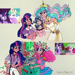 Size: 2000x2000 | Tagged: safe, artist:valeriamagicart, screencap, character:pinkie pie, character:princess celestia, character:starlight glimmer, character:twilight sparkle, character:twilight sparkle (alicorn), character:twilight sparkle (unicorn), species:alicorn, species:earth pony, species:human, species:pony, species:unicorn, episode:feeling pinkie keen, episode:horse play, g4, my little pony: friendship is magic, humanized, scene interpretation, screencap reference, traditional art
