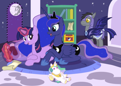 Size: 1024x724 | Tagged: safe, artist:viraljp, character:princess celestia, character:princess luna, character:twilight sparkle, species:bat pony, species:pony, bedroom, doll, magic, night guard, open mouth, prone, quill, scroll, smiling, telekinesis