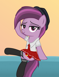 Size: 2252x2962 | Tagged: safe, artist:chomakony, oc, oc only, oc:ruby geminis, species:earth pony, species:pony, g4, bed, bedroom eyes, clothing, crossed legs, earth pony oc, female, gradient background, hat, lidded eyes, looking at you, mare, misleading thumbnail, show accurate, simple background, skirt, smiling, socks, solo