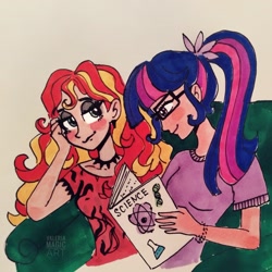 Size: 2793x2793 | Tagged: safe, artist:valeriamagicart, character:sunset shimmer, character:twilight sparkle, character:twilight sparkle (scitwi), species:eqg human, species:human, ship:scitwishimmer, ship:sunsetsparkle, g4, clothing, couch, digital art, female, humanized, lesbian, reading, shipping, simple background, traditional art