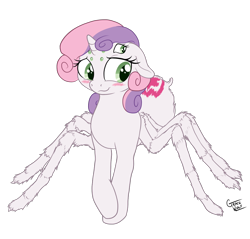 Size: 1200x1147 | Tagged: safe, artist:deserter, artist:gracewolf, edit, editor:deserter, character:sweetie belle, species:pony, species:unicorn, g4, adoracreepy, bashful, blushing, color edit, colored, creepy, cute, cutie mark, diasweetes, female, hair over one eye, monster pony, original species, simple background, solo, species swap, spiderpony, transparent background
