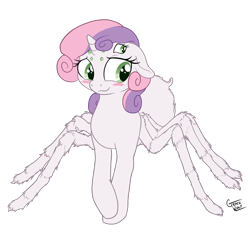 Size: 1200x1147 | Tagged: safe, alternate version, artist:deserter, artist:gracewolf, edit, editor:deserter, character:sweetie belle, species:pony, species:unicorn, g4, adoracreepy, bashful, blushing, color edit, colored, creepy, cute, diasweetes, female, hair over one eye, i can't believe it's not badumsquish, monster pony, original species, simple background, solo, species swap, spiderpony, transparent background