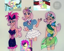 Size: 3958x3166 | Tagged: safe, artist:valeriamagicart, character:fluttershy, species:human, species:pegasus, species:pony, episode:green isn't your color, g4, my little pony: friendship is magic, clothing, dress, female, headdress, humanized, modelshy, scene interpretation, screencap reference, skirt, solo, traditional art