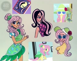 Size: 3725x2980 | Tagged: safe, artist:valeriamagicart, character:fluttershy, species:human, species:pegasus, species:pony, episode:green isn't your color, g4, my little pony: friendship is magic, clothing, dress, emoshy, humanized, modelshy, scene interpretation, screencap reference, skirt, sun hat, sunglasses, traditional art