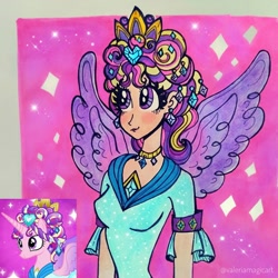 Size: 1080x1080 | Tagged: safe, artist:valeriamagicart, screencap, character:princess cadance, species:human, episode:games ponies play, g4, my little pony: friendship is magic, alternate hairstyle, ceremonial headdress, clothing, dress, humanized, scene interpretation, screencap reference, traditional art, winged humanization, wings