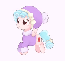Size: 2048x1926 | Tagged: safe, artist:ginmaruxx, character:cozy glow, species:pegasus, species:pony, g4, blushing, clothing, cozybetes, cute, female, filly, flying, freckles, hat, simple background, smiling, solo, white background, winter hat, winter outfit