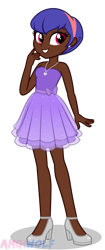 Size: 1316x3141 | Tagged: safe, artist:amgiwolf, oc, oc only, oc:heart's desire, species:eqg human, g4, my little pony:equestria girls, bare shoulders, clothing, dark skin, dress, ear piercing, earring, female, grin, high heels, jewelry, necklace, piercing, shoes, simple background, sleeveless, smiling, solo, transparent background