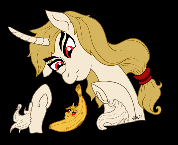 Size: 600x491 | Tagged: safe, artist:ghouleh, oc, oc only, oc:regal inkwell, species:classical unicorn, species:pony, species:unicorn, g4, animated, banana, cloven hooves, curved horn, food, horn, leonine tail, male, red eyes, solo, stallion, unshorn fetlocks, wat
