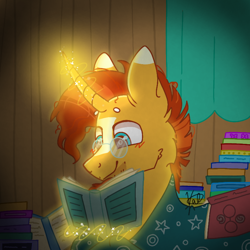 Size: 768x768 | Tagged: safe, artist:valkiria, character:sunburst, species:pony, species:unicorn, g4, beard, blanket, blushing, book, curtains, cute, ear fluff, facial hair, fluffy, glasses, glowing horn, happy, horn, magic, messy mane, reading, reading a book, smiling, stars