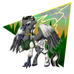 Size: 1024x1024 | Tagged: safe, artist:ghouleh, oc, oc only, oc:musa, species:griffon, species:hippogriff, species:pony, species:zebra, g4, clothing, hybrid, jewelry, lightning, male, scales, scar, simple background, stallion, stripes, transparent background, tree, vest, zerb