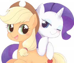 Size: 2048x1744 | Tagged: safe, artist:ginmaruxx, character:applejack, character:rarity, species:earth pony, species:pony, species:unicorn, ship:rarijack, g4, blushing, cute, female, hoof on chin, jackabetes, lesbian, looking at each other, mare, one eye closed, open mouth, raribetes, shipping, simple background, white background