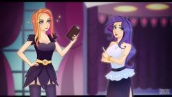 Size: 1280x720 | Tagged: safe, artist:feekteev, character:rarity, character:sassy saddles, species:human, episode:canterlot boutique, g4, my little pony: friendship is magic, clipboard, clothing, duo, female, garter belt, hand on hip, humanized, indoors, miniskirt, pencil skirt, redraw, side slit, skirt, sleeveless, tall sideslit