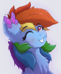 Size: 1715x2083 | Tagged: safe, artist:nighty, character:rainbow dash, species:pegasus, species:pony, g4, blushing, bust, butterfly, chest fluff, colored pupils, cute, dashabetes, ear fluff, female, fluffy, mane, mare, one eye closed, simple background, smiling, solo, transparent background, wings, wink