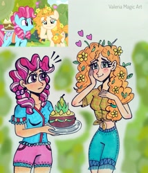 Size: 3120x3643 | Tagged: safe, artist:valeriamagicart, screencap, character:cup cake, character:pear butter, species:human, episode:secrets and pies, g4, my little pony: friendship is magic, blushing, cake, chiffon swirl, clothing, cute, flower, flower in hair, food, front knot midriff, humanized, implied bright mac, messy mane, midriff, pear, pearabetes, scene interpretation, screencap reference, shorts