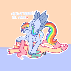 Size: 768x768 | Tagged: safe, alternate version, artist:valkiria, character:fluttershy, character:rainbow dash, species:pegasus, species:pony, ship:flutterdash, g4, blushing, blushing ears, cute, dialogue, ear fluff, female, floppy ears, fluffy, heart, lesbian, open mouth, shipping, simple background, speech, speech bubble, talking, wings