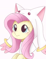 Size: 1622x2048 | Tagged: safe, artist:ginmaruxx, character:fluttershy, species:pony, g4, blushing, bust, clothing, cosplay, costume, crossover, cute, emiri katou, female, incubator (species), japanese, kyubey, kyubeyshy, mare, puella magi madoka magica, shyabetes, simple background, solo, voice actor joke, white background
