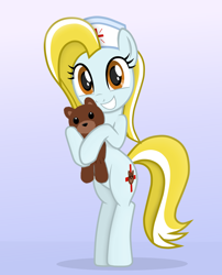 Size: 2552x3162 | Tagged: safe, artist:chomakony, oc, oc only, oc:nurse reisol, species:earth pony, species:pony, g4, bipedal, clothing, cute, earth pony oc, female, gradient background, happy, hat, holding, hug, looking at you, mare, nurse, nurse hat, show accurate, simple background, smiling, solo, teddy bear, weapons-grade cute