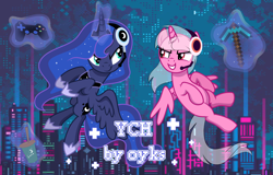 Size: 2000x1278 | Tagged: safe, artist:oyks, character:princess luna, oc, gamer luna, g4, canon x oc, commission, controller, game, joystick, vector, your character here