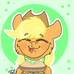 Size: 768x768 | Tagged: safe, artist:valkiria, character:applejack, g4, apple, apple pie, blushing, clothing, cute, eating, eyes closed, female, floppy ears, fluffy, food, green background, hat, herbivore, jackabetes, pie, simple background, tongue out