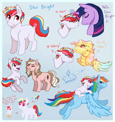 Size: 2500x2652 | Tagged: safe, artist:amiookamiwolf, character:rainbow dash, character:twilight sparkle, oc, oc:accordion, oc:morning glow, oc:star bright, parent:cheese sandwich, parent:pinkie pie, parent:rainbow dash, parent:spitfire, parent:twilight sparkle, parent:vapor trail, parents:cheesepie, parents:twidash, species:earth pony, species:pegasus, species:pony, species:unicorn, g4, female, filly, flying, magical lesbian spawn, offspring