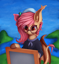 Size: 1888x2048 | Tagged: safe, artist:batsdisaster, character:flutterbat, character:fluttershy, species:bat pony, species:pegasus, species:pony, g4, alternate hairstyle, bat ears, bat ponified, bat wings, beret, bipedal, butterfly, clothing, colored hooves, cute, easel, female, glasses, hat, jewelry, leonine tail, looking at something, mare, mouth hold, painter, pen, pencil, piercing, race swap, red eyes, round glasses, shyabetes, solo, vampire, vampony, wings