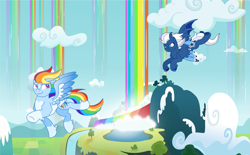 Size: 2985x1850 | Tagged: safe, artist:musical-medic, character:night glider, character:rainbow dash, species:pony, g4, cloud, flying, rainbow falls (location), rainbow waterfall