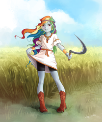 Size: 998x1200 | Tagged: safe, artist:vyazinrei, character:rainbow dash, g4, my little pony:equestria girls, alternate hairstyle, blue skin, boots, bracelet, clothing, cloud, compression shorts, dress, dress lift, ear piercing, earring, female, food, grass, happy, jewelry, may day, multicolored hair, outdoors, pagan, piercing, pink eyes, rainbow dash always dresses in style, rainbow hair, rodnovery, sexy, shiny skin, shoes, shorts, sickle, signature, slavic, smiling, tomboy, watermark, wheat