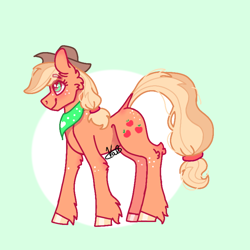 Size: 768x768 | Tagged: safe, artist:valkiria, character:applejack, species:earth pony, species:pony, g4, apple, butt freckles, clothing, cute, dock, female, fluffy, food, freckles, green background, hat, jackabetes, leg freckles, simple background