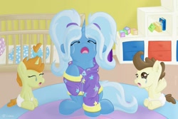 Size: 1771x1181 | Tagged: safe, artist:exobass, character:pound cake, character:pumpkin cake, character:trixie, g4, alternate hairstyle, baby, babysitter trixie, bed, carpet, clothing, crying, diaper, hoodie, indoors, shelf