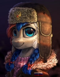 Size: 1920x2460 | Tagged: safe, artist:rysunkowasucharia, oc, oc only, oc:marussia, species:earth pony, species:pony, nation ponies, g4, bust, clothing, female, hat, jacket, looking at you, mare, ponified, portrait, russia, smiling, solo, sweater, ushanka