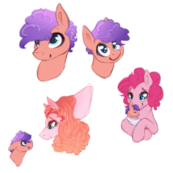 Size: 677x673 | Tagged: safe, artist:amiookamiwolf, character:pinkie pie, oc, oc:milkshake, oc:pajamas, parent:cheese sandwich, parent:pinkie pie, parent:prince blueblood, parents:bluepie, parents:cheesepie, species:pony, g4, baby, baby pony, female, filly, half-siblings, offspring, simple background, white background