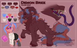 Size: 3059x1900 | Tagged: safe, artist:twisoft, oc, oc only, oc:bree, species:demon pony, species:pony, species:unicorn, g4, clothing, demon, fangs, glasses, horn, horns, original species, palette, reference, reference sheet, sharp teeth, simple background, teeth, tongue out, transformation, unicorn oc