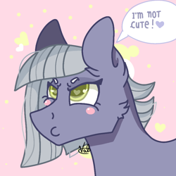 Size: 768x768 | Tagged: safe, artist:valkiria, character:limestone pie, species:earth pony, species:pony, g4, angry, blatant lies, blushing, cute, denial's not just a river in egypt, dialogue, female, heart, i'm not cute, limetsun pie, mare, pink background, simple background, solo, speech bubble, tsundere