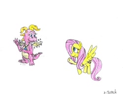 Size: 640x489 | Tagged: safe, artist:endlesswire94, character:fluttershy, species:dragon, species:pegasus, species:pony, g4, cassie (dragontales), crossover, cute, dragon tales, dragoness, duo, female, flying, mare, shy, shyabetes, simple background, traditional art, white background