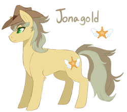 Size: 1280x1120 | Tagged: safe, artist:amiookamiwolf, oc, oc:jonagold, parent:braeburn, parent:soarin', parents:soarburn, species:earth pony, species:pony, g4, clothing, female, hat, magical gay spawn, mare, offspring, simple background, solo, transparent background