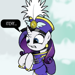 Size: 2000x2000 | Tagged: safe, artist:backgrounds-ponies, character:rarity, species:pony, species:unicorn, g4, ancient wonderbolts uniform, bipedal, clothing, crying, female, gritted teeth, hoof hold, itchy, mare, sgt. rarity, solo, uniform